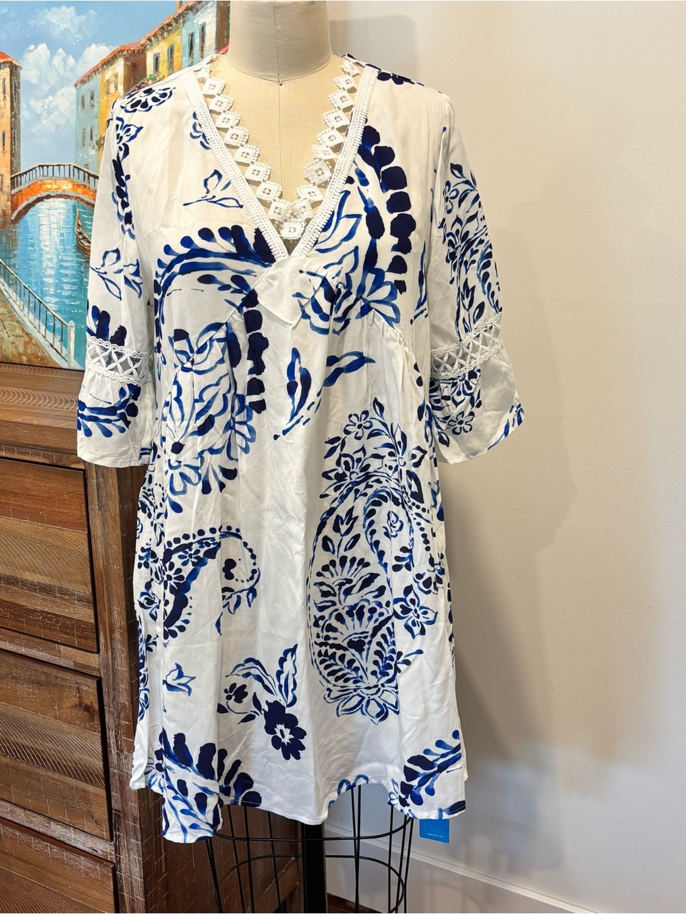 Cupshe White Tunic Coverup with Navy Blue Floral Print